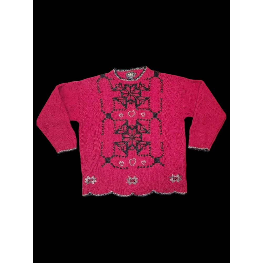 VTG Woolrich Handknit Wool Sweater M Ruby Red Nordic Snowflake Cable Knit Hearts